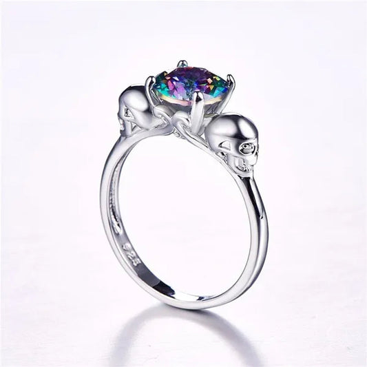 Women Men Rainbow Topaz & Black Spinel Gemstone 925 Sterling Silver Wedding Engagement Band Cocktail Skull Ring Size 6 7 8 9