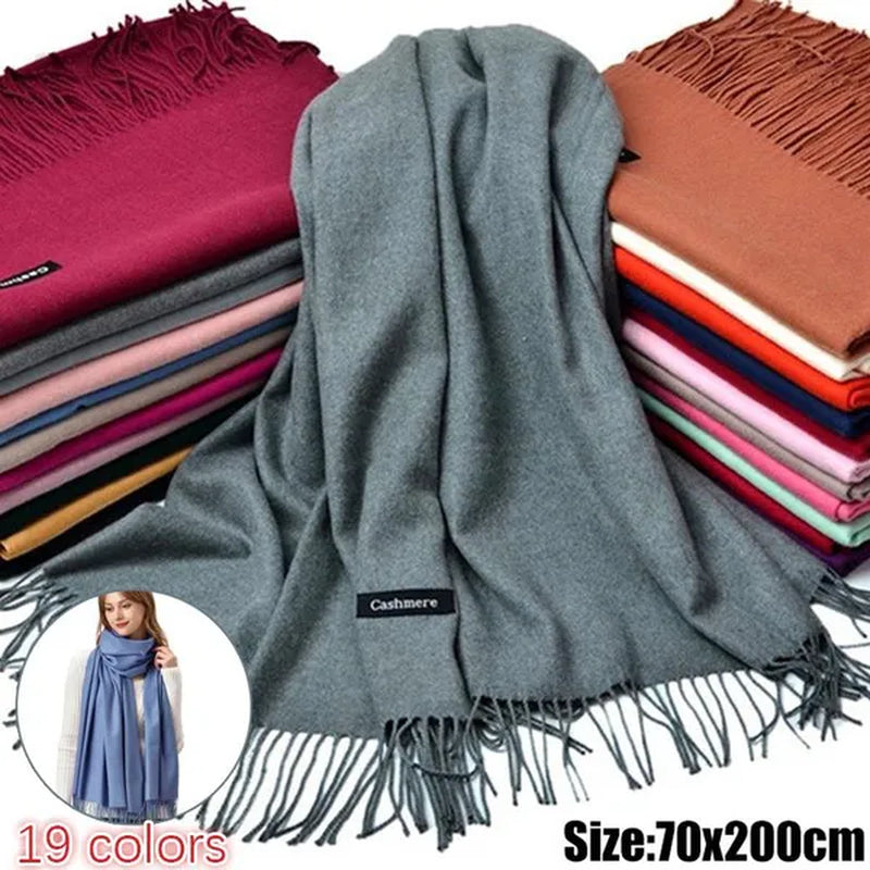 Women Cashmere Wool Scarf Wraps Warm Blanket Scarves Women Solid Color Cashmere Scarves with Tassel - WORLD TIME VISITS