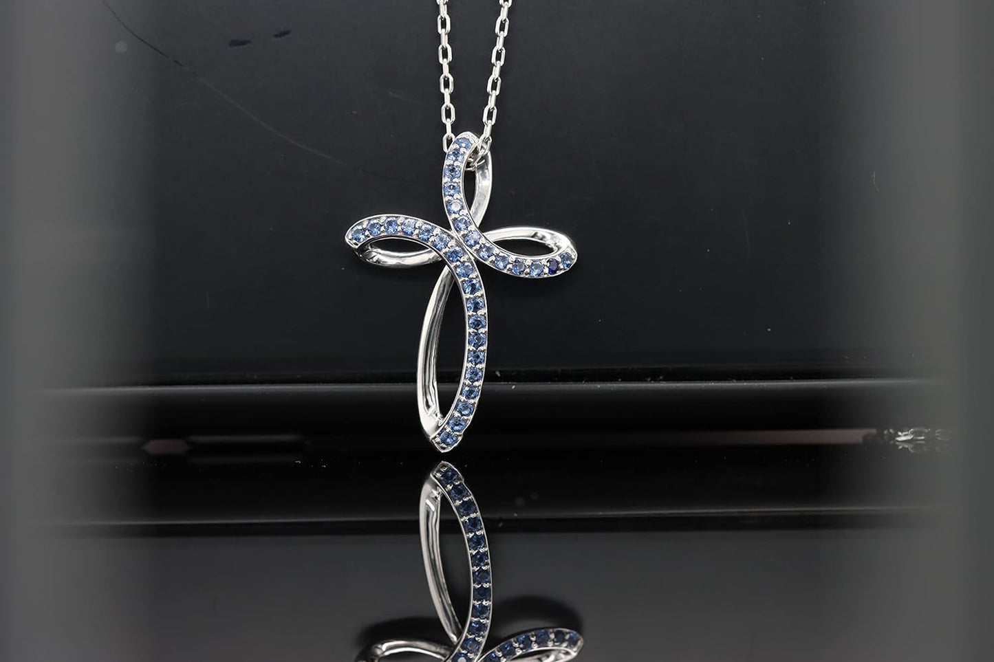 Mothers Day Gifts 1.2MM round Cut Blue Sapphire Infinity Cross Necklace Pendant - 14K White Gold over 925 Sterling Silver Twist Cross Necklace for Women with 18" Chain (Clarity-Vvs1, Color-Blue, 0.12 Carat)
