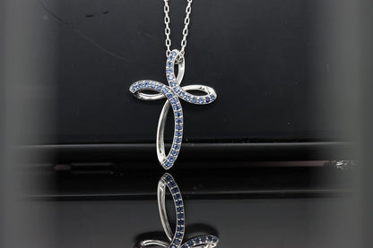 Mothers Day Gifts 1.2MM round Cut Blue Sapphire Infinity Cross Necklace Pendant - 14K White Gold over 925 Sterling Silver Twist Cross Necklace for Women with 18" Chain (Clarity-Vvs1, Color-Blue, 0.12 Carat)