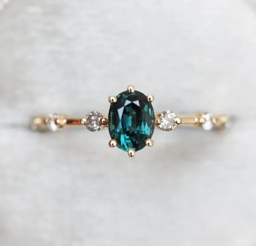 Teal Sapphire Ring, Peacock Engagement Ring, Ceylon Sapphire Diamond Ring, Oval Blue Ring - WORLD TIME VISITS