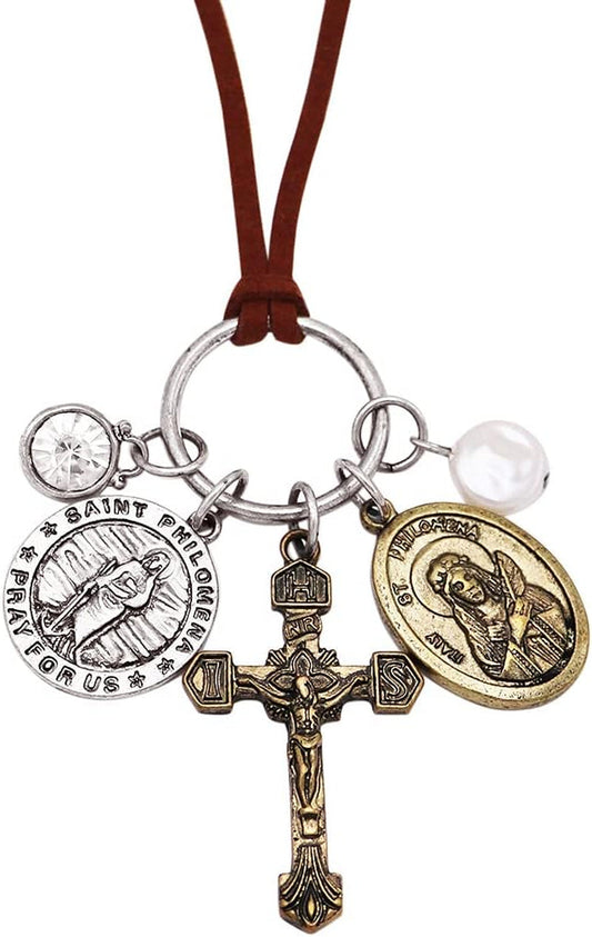 Religious Gifts for Women Vintage Cross Charms Holy Medal Pendant on Corded Vegan Suede Long Necklace, 32"+3" Extender