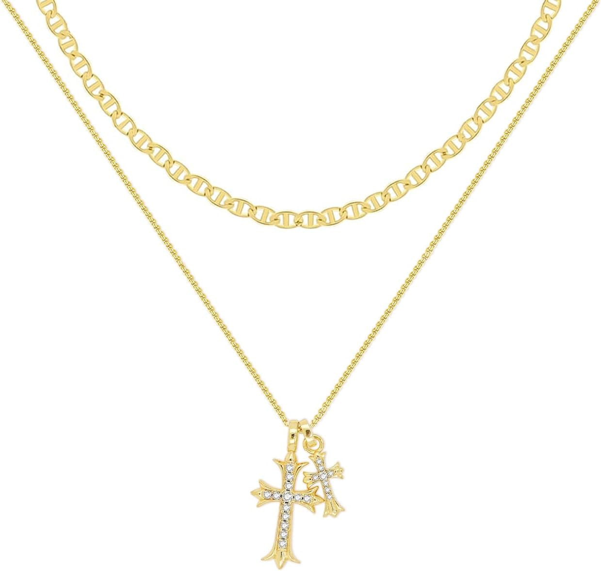 Bubble Cross Necklace for Women 14K Gold Plated Cross Necklace Stackable Dainty Gold Necklace Mariner Chain Necklace CZ Cross Pendant Necklaces Set Simple Jewelry Gift