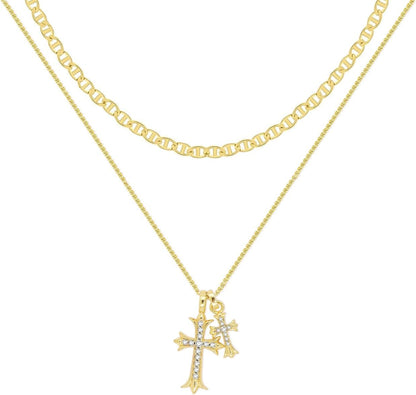 Bubble Cross Necklace for Women 14K Gold Plated Cross Necklace Stackable Dainty Gold Necklace Mariner Chain Necklace CZ Cross Pendant Necklaces Set Simple Jewelry Gift