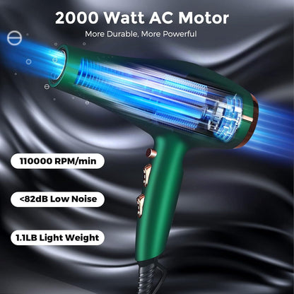 2000 Watt Negative Ionic Hair Dryer, Professional Salon Blow Dryer, Low Noise Fast Drying & Powerful AC Motor and Diffuser Comb for Men Women,3 Heat & 2 Speed Settings, Easy to Use- Green - WORLD TIME VISITS