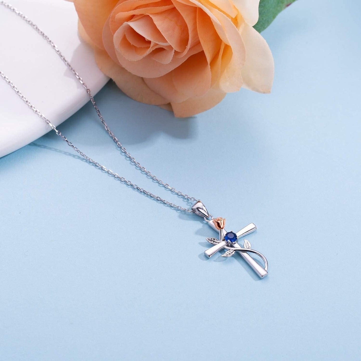 Cross Necklace for Women 925 Sterling Silver Birthstone Necklace for Womens Cross Pendant 5A Cubic Zirconia 12 Birth Months Birthday Gifts for Women Wife Her