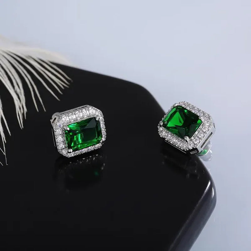 Fashion Jewelry 925 Sterling Silver Emerald Ear Studs Diamond Earrings