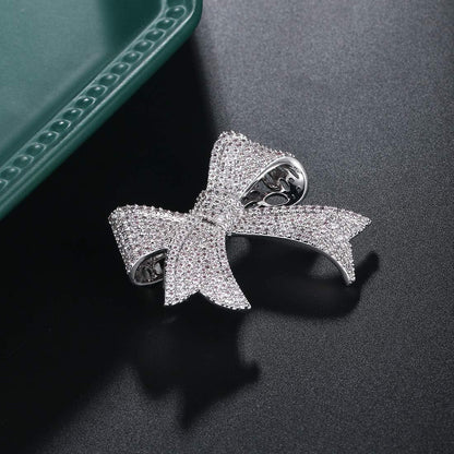 Real Gold Plated Cubic Zirconia CZ Ribbon Bridal Bowknot Bow Brooch Pins for Women