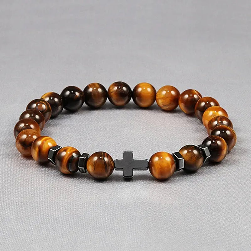 Hot Men Natural Tiger Eye Beads Hematite Cross Bracelets Onyx Meditation Prayer Bead Bracelet Women Stone Yoga Jewelry Homme