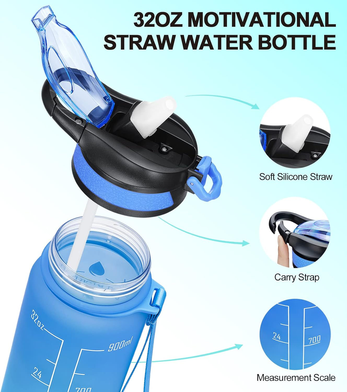 32/24 Oz Water Bottles with Removable Straw & Time Marker, Motivational Sports Bottles with BPA Free Tritan Material, Leakproof Water Jug for Fitness - WORLD TIME VISITS