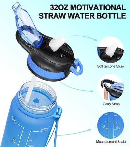 32/24 Oz Water Bottles with Removable Straw & Time Marker, Motivational Sports Bottles with BPA Free Tritan Material, Leakproof Water Jug for Fitness - WORLD TIME VISITS