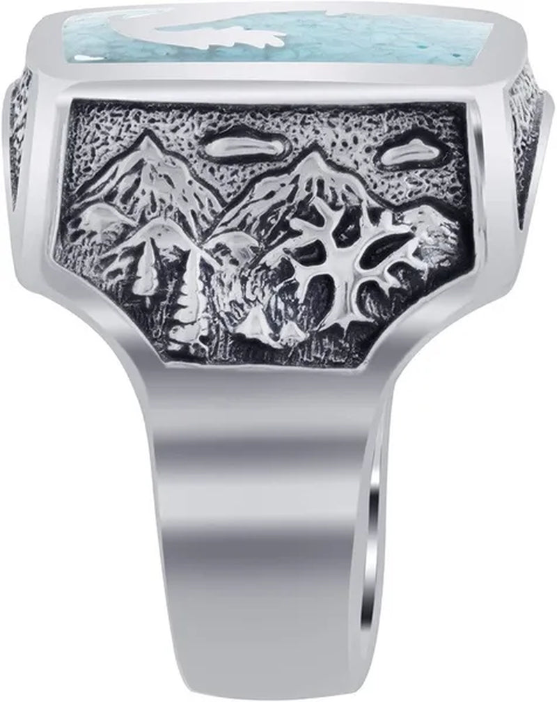 Mens Southwestern Style Turquoise Gemstone Inlay Howling Wolf Sterling Silver Ring - WORLD TIME VISITS