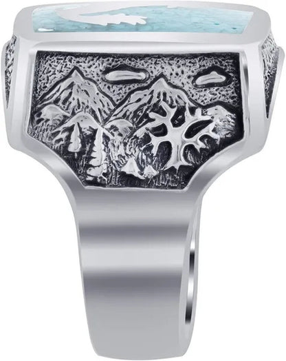 Mens Southwestern Style Turquoise Gemstone Inlay Howling Wolf Sterling Silver Ring - WORLD TIME VISITS