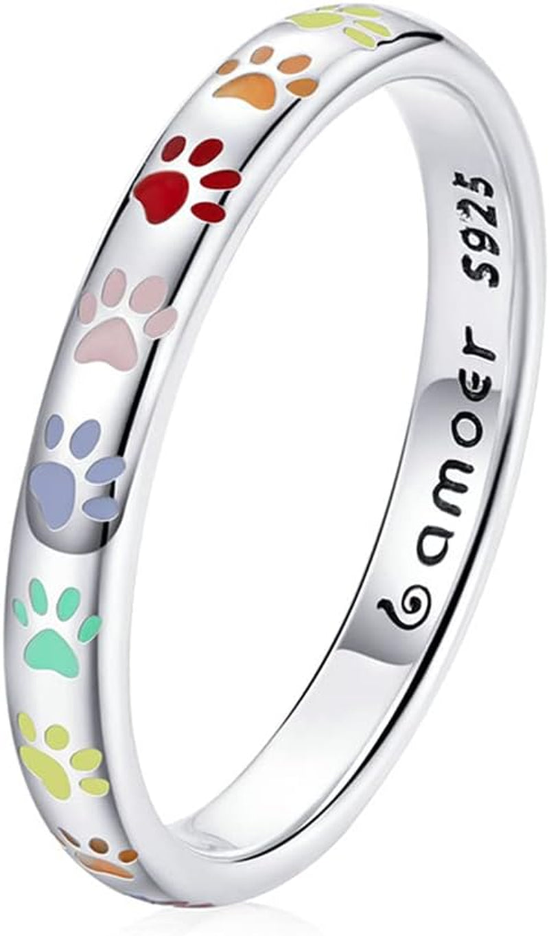 3Mm 3.4Mm Paw Print Ring S925 Sterling Silver Ring Puppy Dog Cat Paw Ring, Multicolor Pet Print Enamel Ring for Women Girls Size 5-10