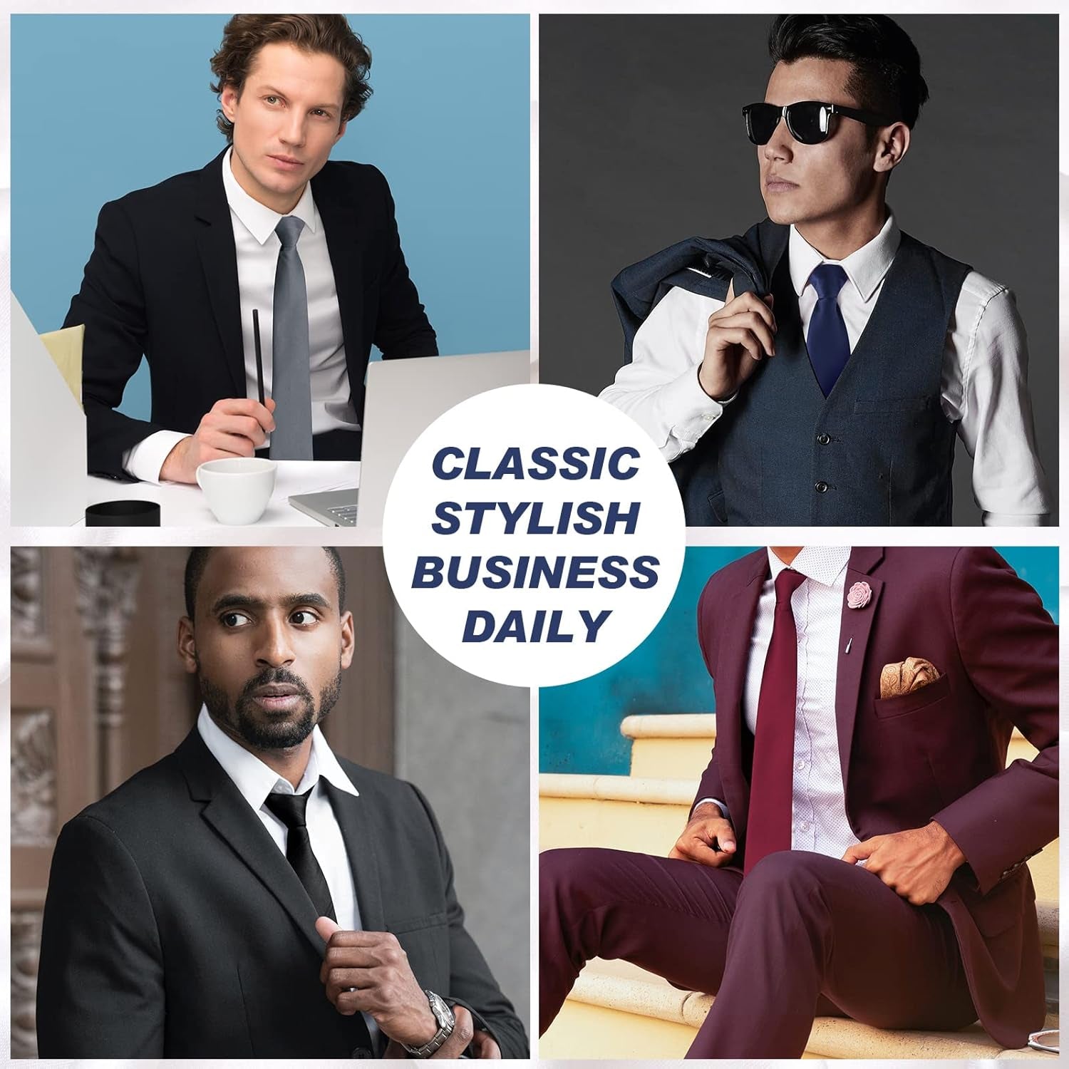 4 Pcs 24 Inch Men'S Clip-On Ties Solid Color Men'S Tie Pretied Clip on Ties Necktie Button(Black, Charcoal Grey, Navy Blue, Wine Red) - WORLD TIME VISITS