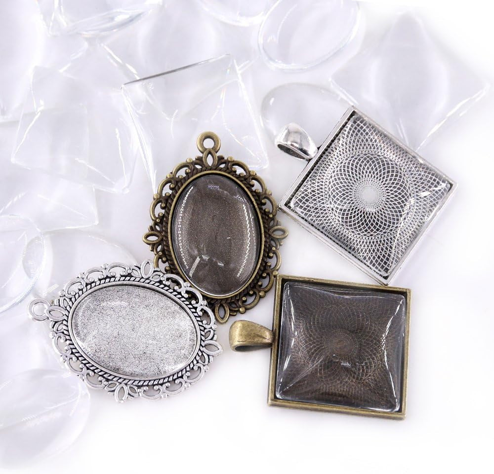 48-Pieces Oval and Square Pendant Trays with Glass Cabochon Dome Tiles Clear Cameo for Crafting DIY Jewelry Making, 24 Sets