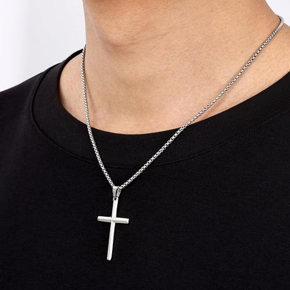 Beveled Edge Cross Necklace for Men, Silver Tone/Black/14K Gold Plated Mens Cross Necklace, 2.5MM Stainless Steel Box Chain with Pendant