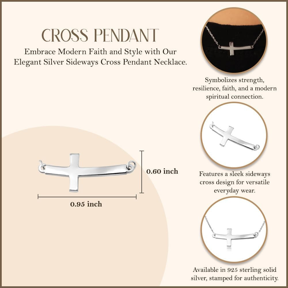 .925 Sterling Silver Sideways Horizontal Curved Cross Bar Style Necklace