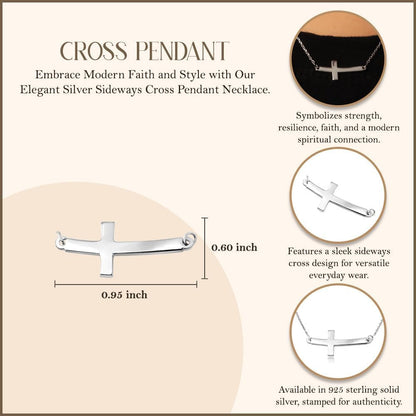 .925 Sterling Silver Sideways Horizontal Curved Cross Bar Style Necklace