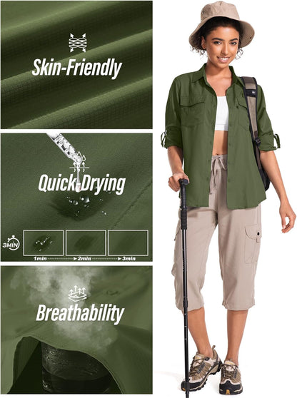 Women'S UPF 50 UV Sun Protection Long Sleeve Safari Shirts Quick Dry Hiking Travel Fishing Outdoor Cool Shirts
