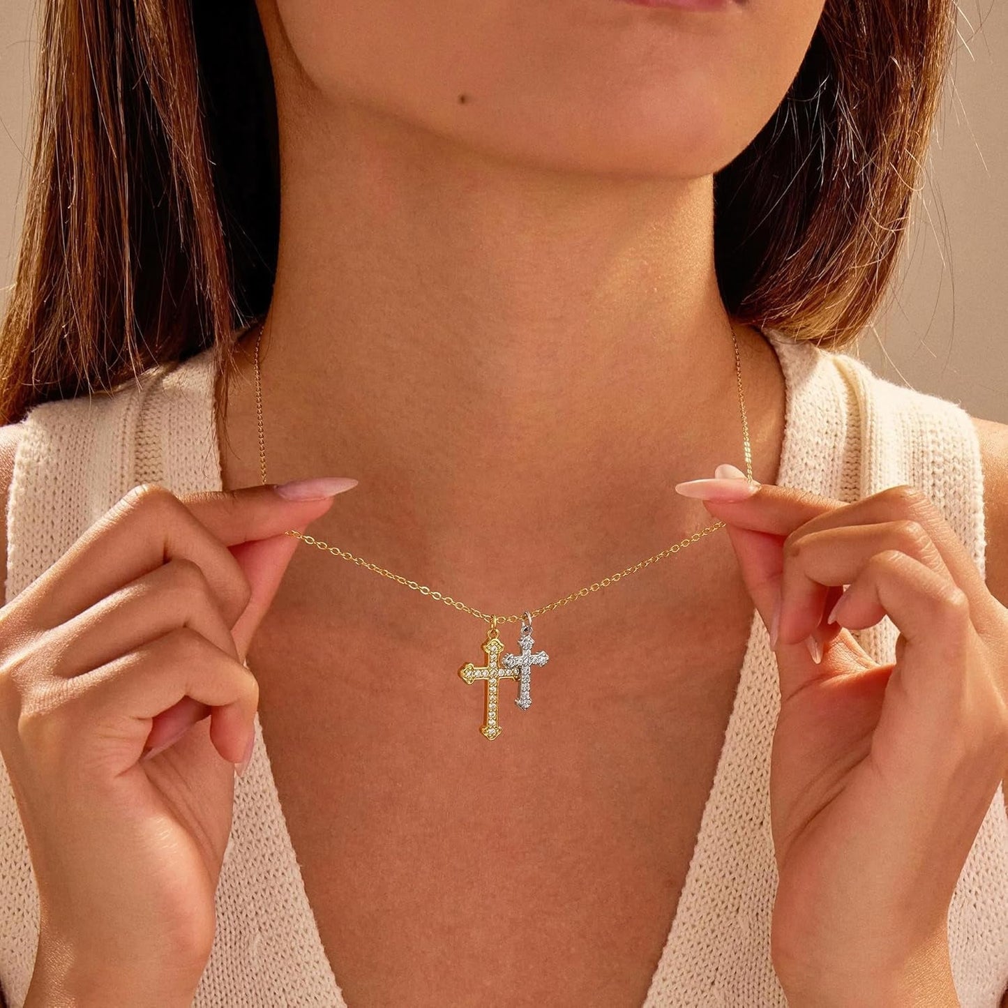 Cross Necklace 14K Gold/Silver Plated Double Cross Pendant Necklace Dainty Diamond Cross Charm Link Chain Choker Delicate Faith Jewelry Religious Gifts for Women,Valentine'S Day Gift