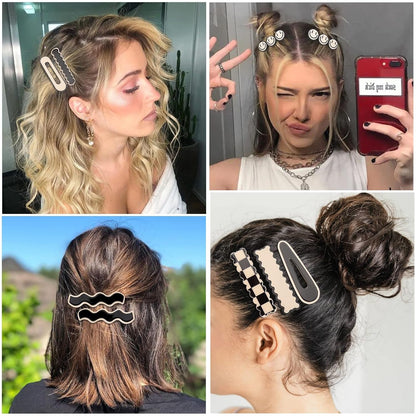 16 PCS  Simple No Bend Hair Clips, Black White Checker Barrettes, No Crease Wave Geometric Duckbill Pins, Korean Styling Minimalist Hairpin Hair Accessories, Gifts for Women Girls
