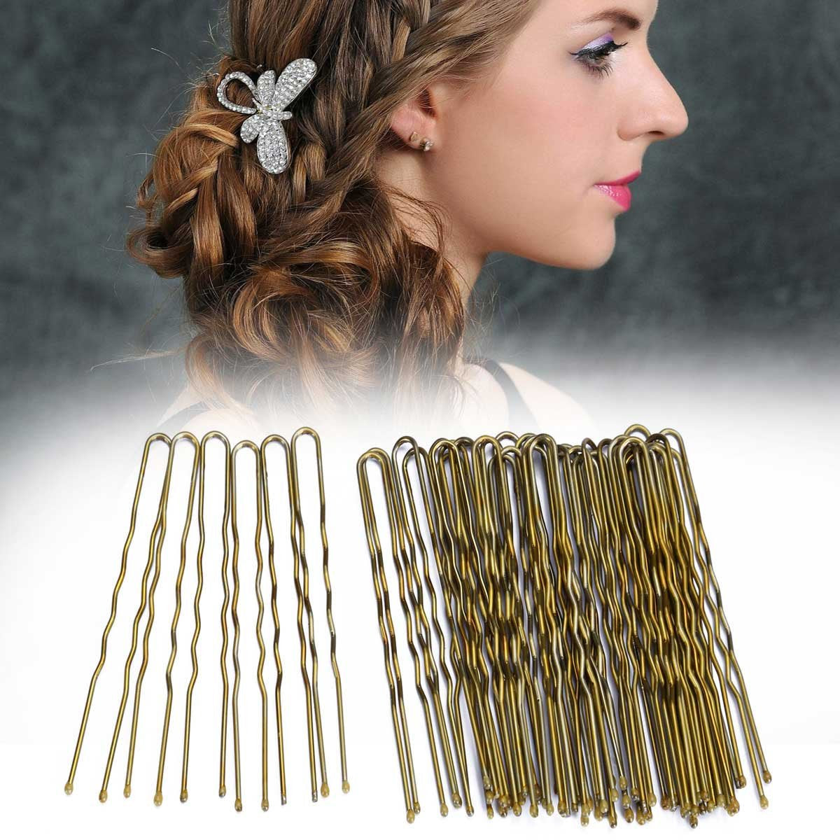 300 Bun Hair Bobby Pins U Shaped Pin Hair Grips to Clip Ballet Hair Net for Women 6 CM/2.3 Inch Golden