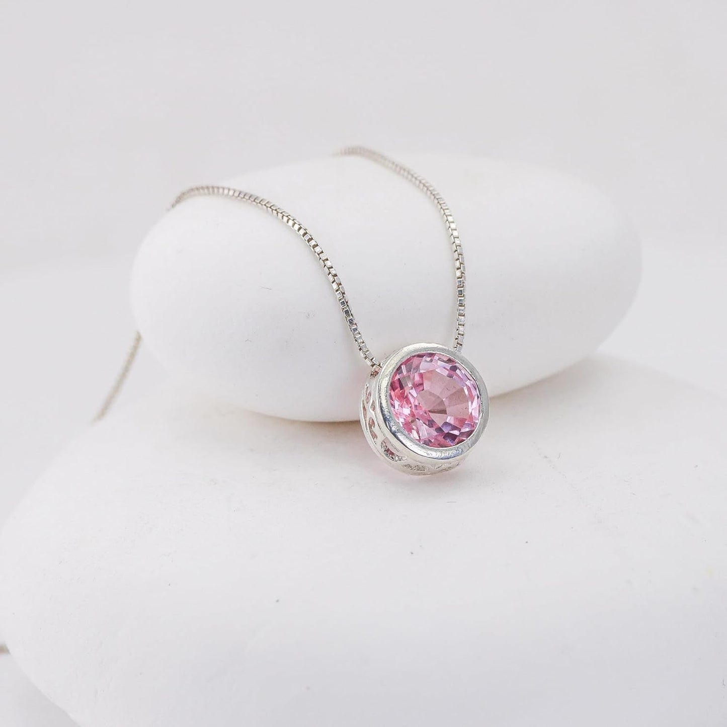 Silver Pink Sapphire Necklace, Slider Solitaire Gemstone Pendant with 16" Box Chain; Pink Sapphire Birthstone Pendant Gemstone for Women by Lotus Stone Design (16, Pink Sapphire)