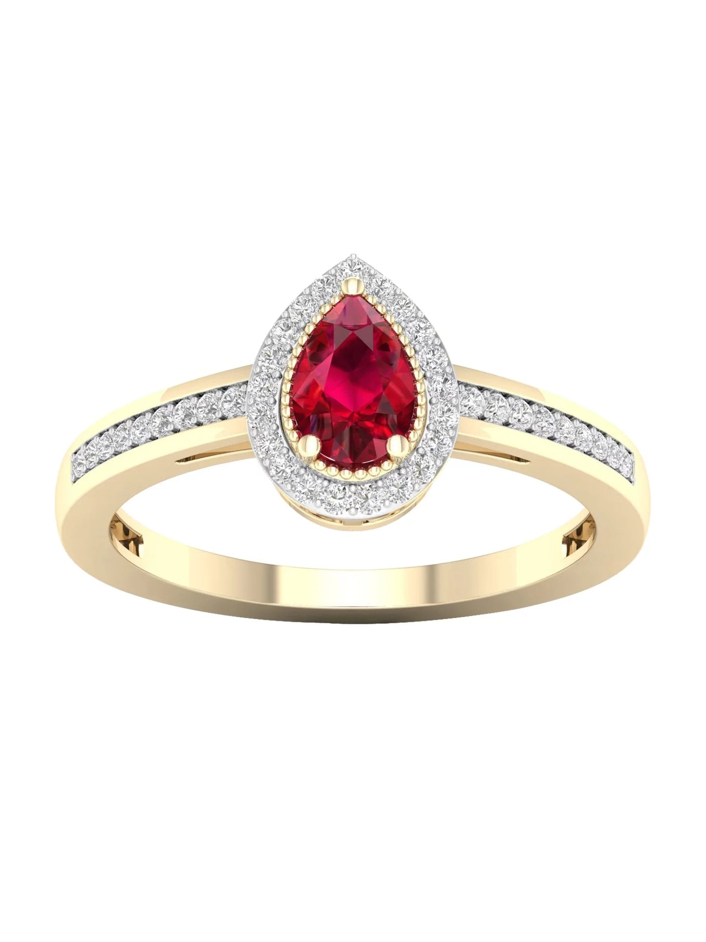Gemstone 10K Yellow Gold Pear Ruby 1/8 CT TW Diamond Halo Women'S Ring