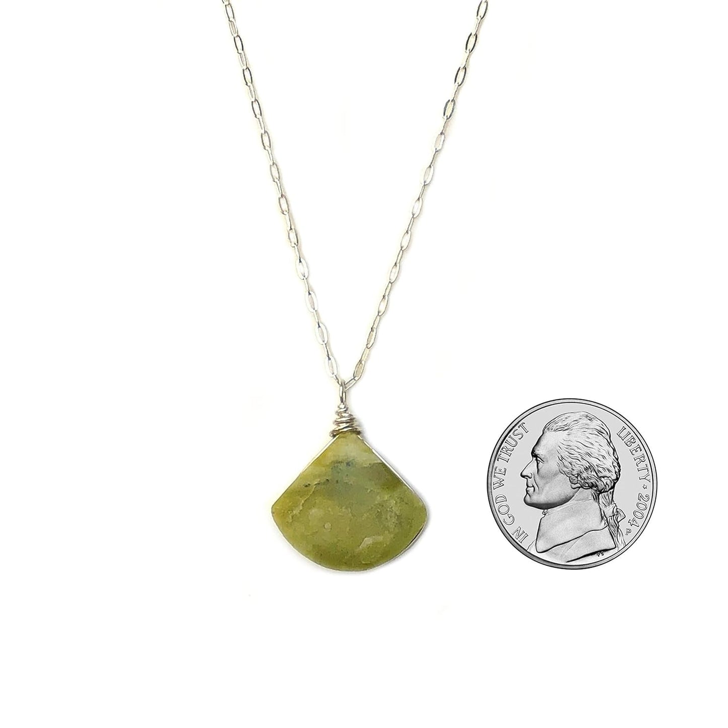 Green Serpentine Stone Pendant Necklace in Sterling Silver - Handmade Dainty Triangle Stone Necklace 18" Chain Length Geometric Delicate Minimalist Jewelry for Women by