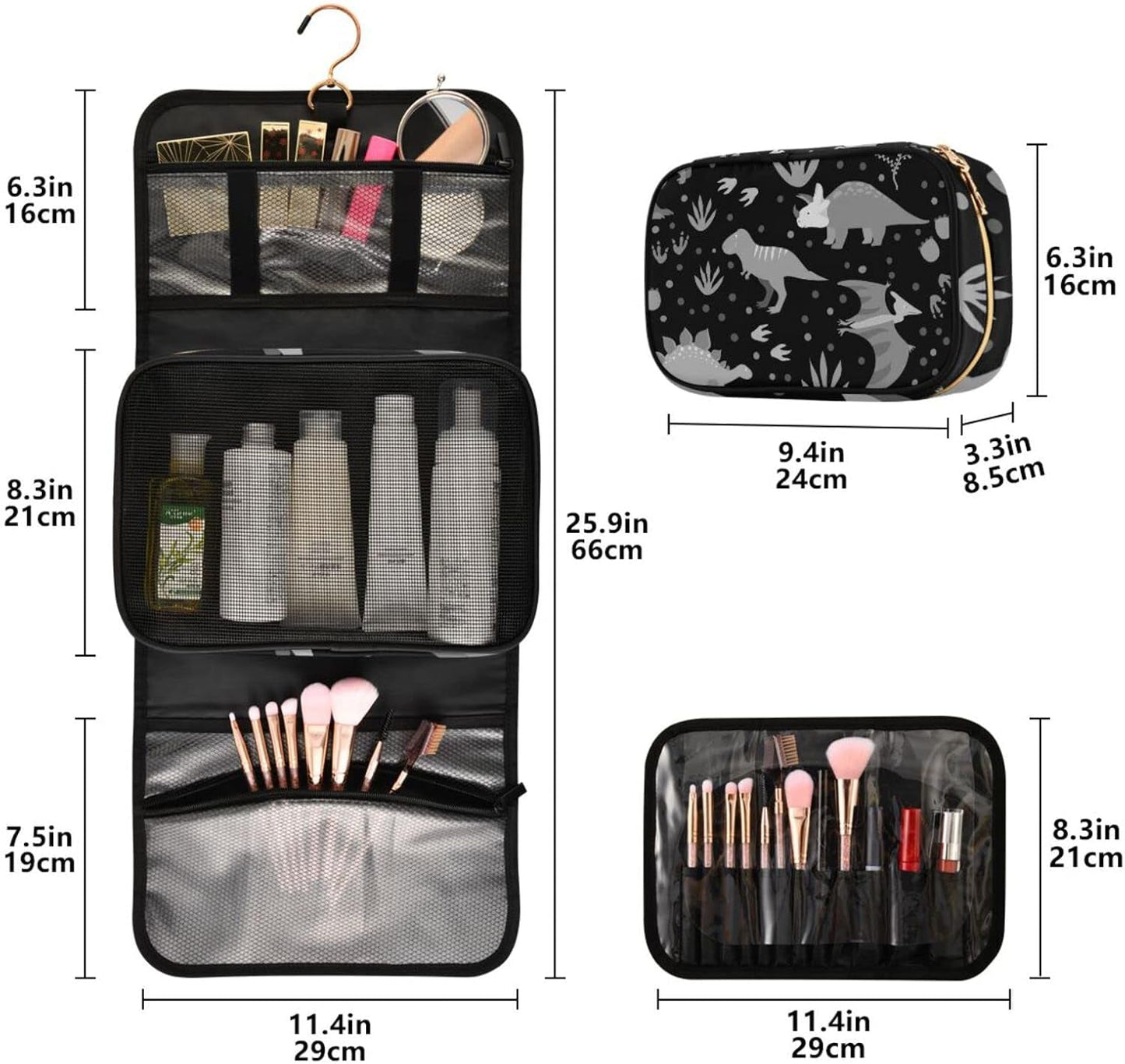 Seamless Retro Russian Cat Snowflakes on Black Happy New Year 3 Pcs Set Toiletry Bags, 1 Women'S Travel Cosmetic Bag, 1 Hanging Toiletry Wash Bag, 1 Brush Case, Portable Makeup Storage Case
