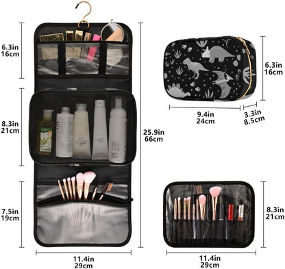 Seamless Retro Russian Cat Snowflakes on Black Happy New Year 3 Pcs Set Toiletry Bags, 1 Women'S Travel Cosmetic Bag, 1 Hanging Toiletry Wash Bag, 1 Brush Case, Portable Makeup Storage Case