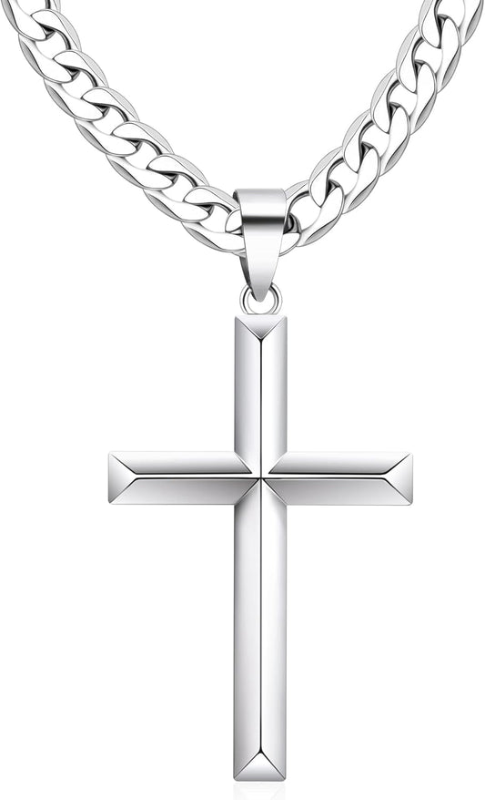 925 Sterling Silver Cross Necklace for Men Women with Stainless Steel Durable Cuban Link Chain Polished Beveled Edge Cross Chain Pendant Necklace Jewelry 16-28 Inches
