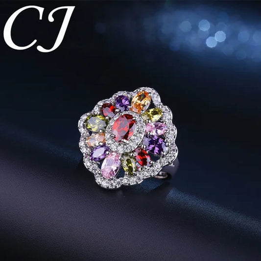 CANDICE Women Fashion Sterling Silver Plated Jewelry Summer New Design Paved Pink Purple Green Zircon Bling Lady Big Finger Rings（Us SIZE 6-9）