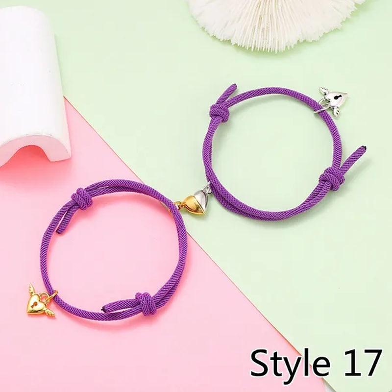2Pcs Magnetic Bracelet Stainless Steel Heart Pendant Charm Couple Bracelets for Lover Friend Men Women Braid Rope Bracelets