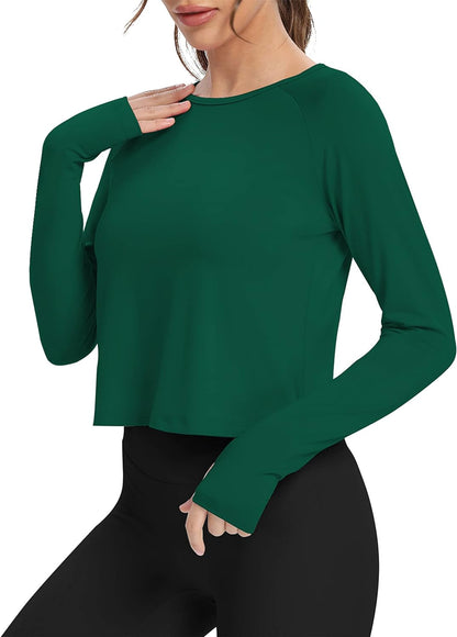 Long Sleeve Athletic Workout Shirts Sports Yoga Gym Crop Tops for Women - WORLD TIME VISITS