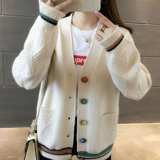 New Fashion Pull Femme Autumn and Winter Wool Pure Cashmere Sweater Cardigan Pullovers Long Sleeve Women Striped Stitching Color Knitted Cardigans Pullover Damen Jumper Outwear Coat