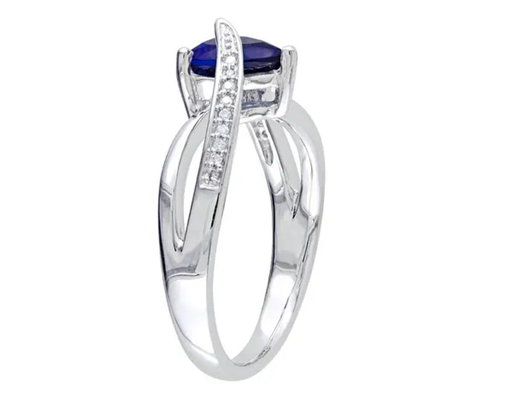 Created Blue Sapphire and Diamond Heart Ring 1.90 Carat (Ctw) in Sterling Silver