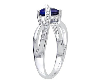 Created Blue Sapphire and Diamond Heart Ring 1.90 Carat (Ctw) in Sterling Silver