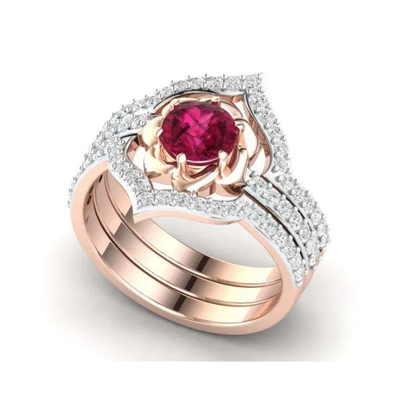 3 Pcs/Set of Exquisite Bridal Wedding Jewelry Rose Petals Inlaid with Red Zircon Ring Gypsophila Zircon Ring Embracing Roses Set Engagement Wedding Ring Birthday Christmas Gift Ring Jewelry Size 5-13