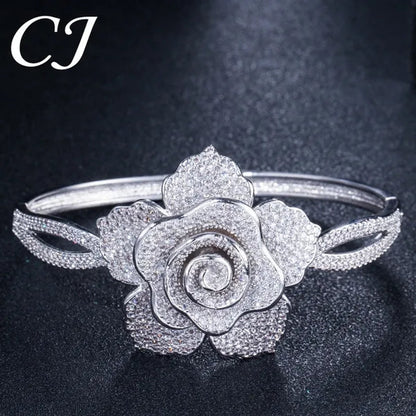 CANDICE Exquisite Open Cuff Style Paving Cubic Zirconia White Gold Plating Women Large Flower Bangle Bracelets Jewelry for Evening Party Wedding