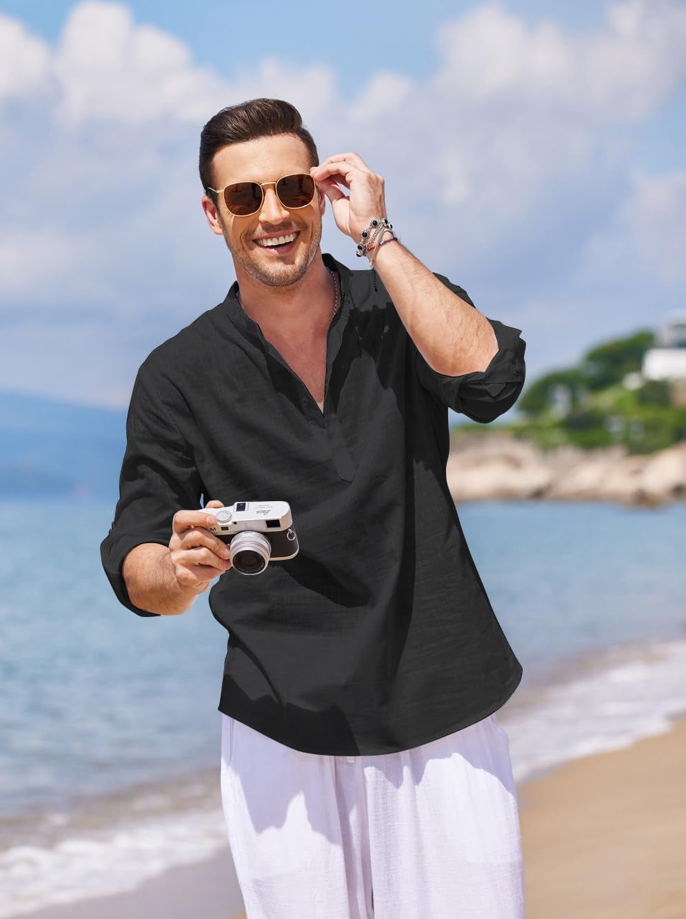 Men'S Cotton Linen Henley T-Shirts Long Sleeve Hippie Casual Beach T-Shirts
