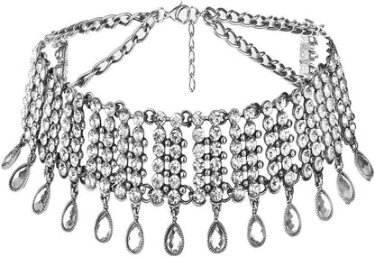 Vintage Boho Full Rhinestones Necklaces Tassel Jewelry Set Layered Pendant Statement Chunky Chain Necklace for Women and Girls