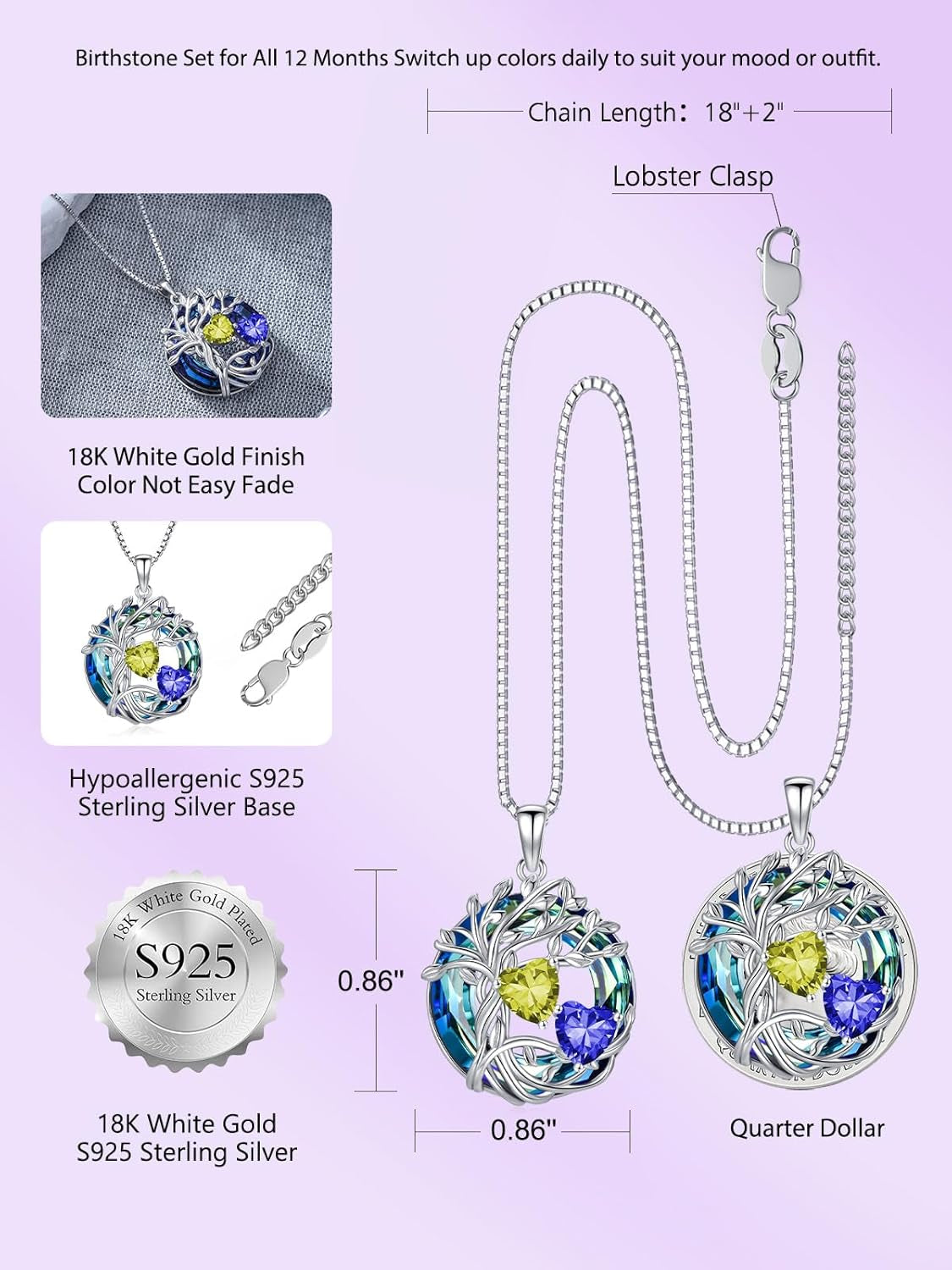 Mothers Day Gifts for Women 925 Sterling Silver Family Tree of Life Pendant Necklaces with 2 Heart Birthstone with Blue round Austrian Crystal Jewelry Birthday Anniversary Christmas Gifts for Her Wife Girlfriend Mom (18K Real White Gold Filled)