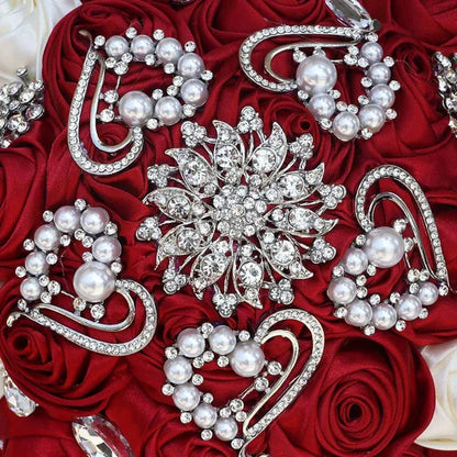 Exquisitely Handmade Ribbon Diamond Bridesmaids Holding Flowers 21CM Pearl Rhinestone Brooch Bridal Bouquet Artificial Silk Rose Wedding Flower Bouquet