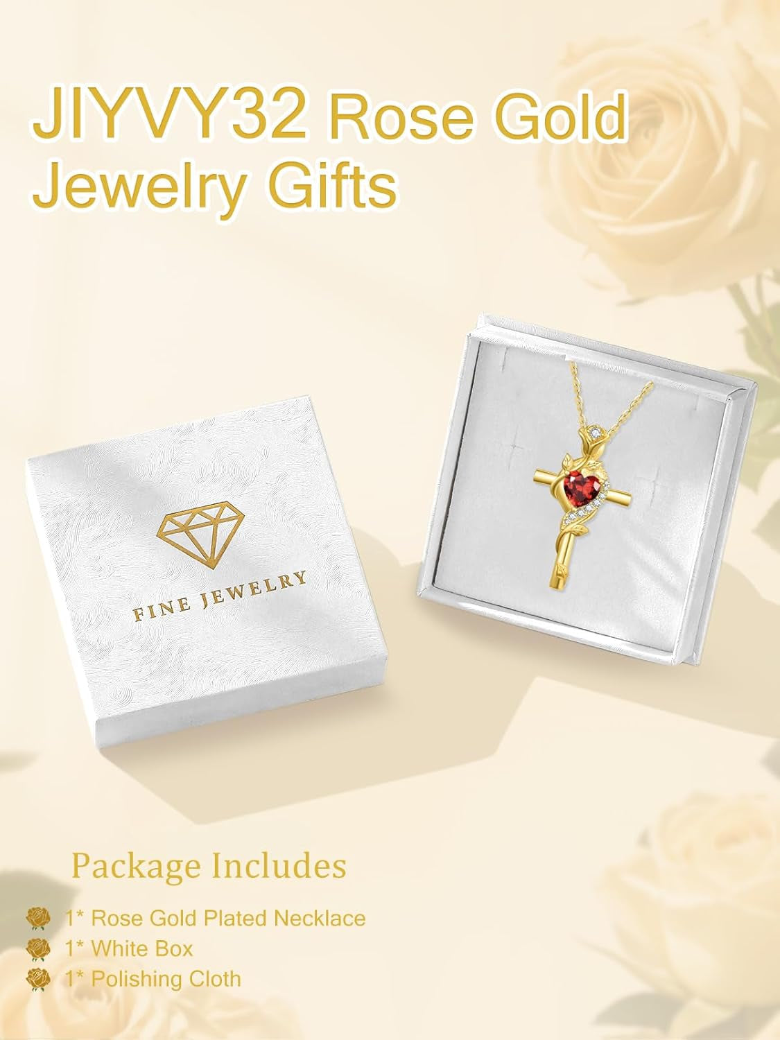 Rose Cross Necklaces for Women, 14K/18K/24K Gold/Rose Gold Cross Jewelry with Birthstone Pendant, Valentines Day Birthday Gifts for Women, 18+2 Inch Chain