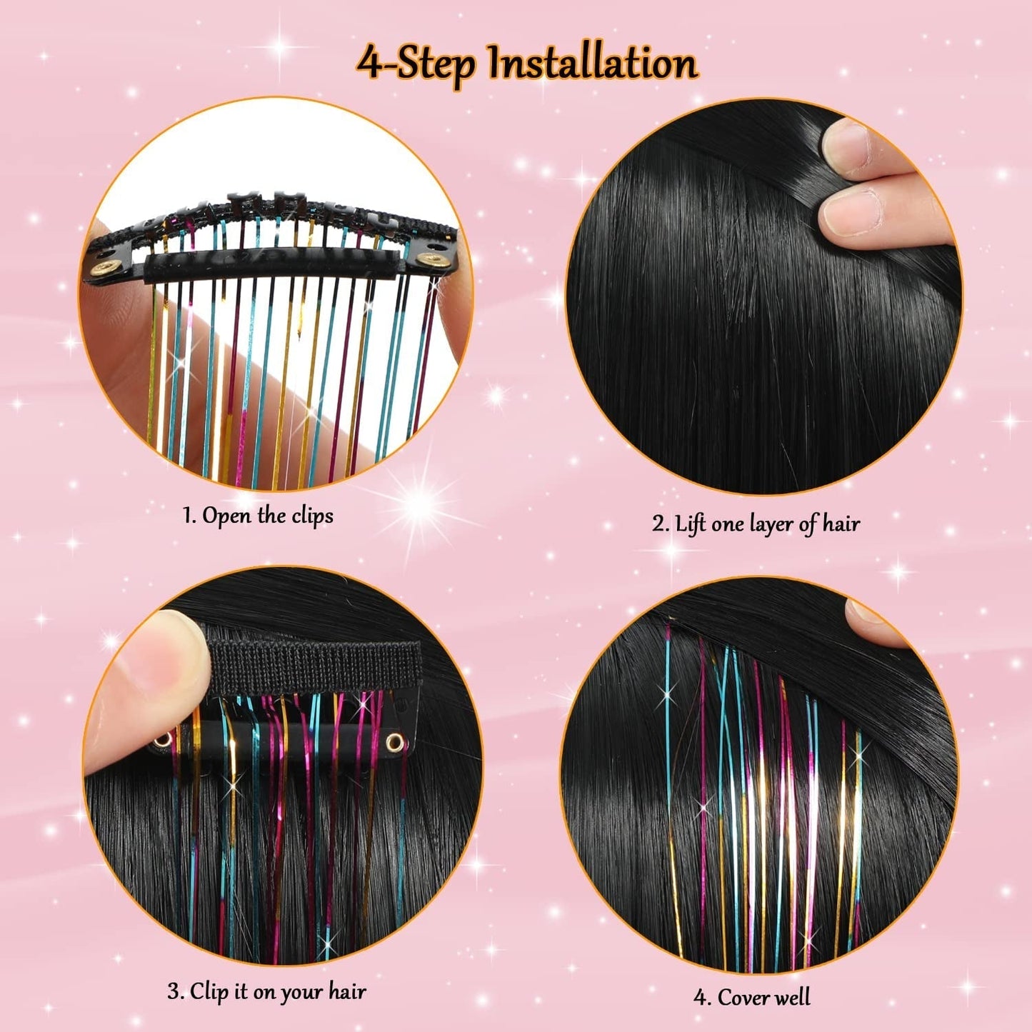 23.6Inch Clip in Hair Tinsel Kit, Silver Hair Tinsel Heat Resistant Fairy Hair Tinsel Clip in Glitter Hair Extensions, Tinsel Hair Sparkles Festival Hair Accessories for Women Girls (Silver)