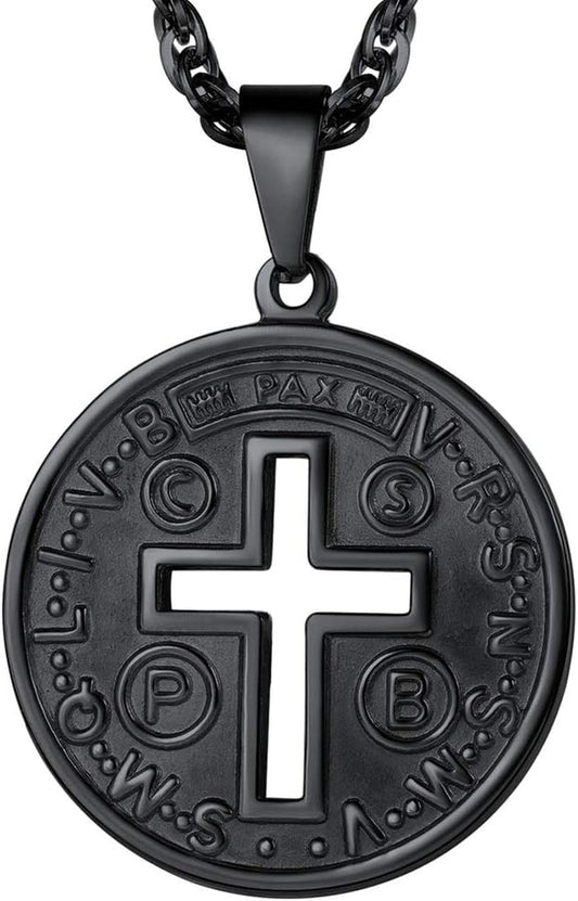 Stainless Steel Saint Benedict Medal Necklace, Protection Jewelry for Men Women, 18K Real Gold Plated, 22Inch-24Inch Adjustable, Come Gift Box