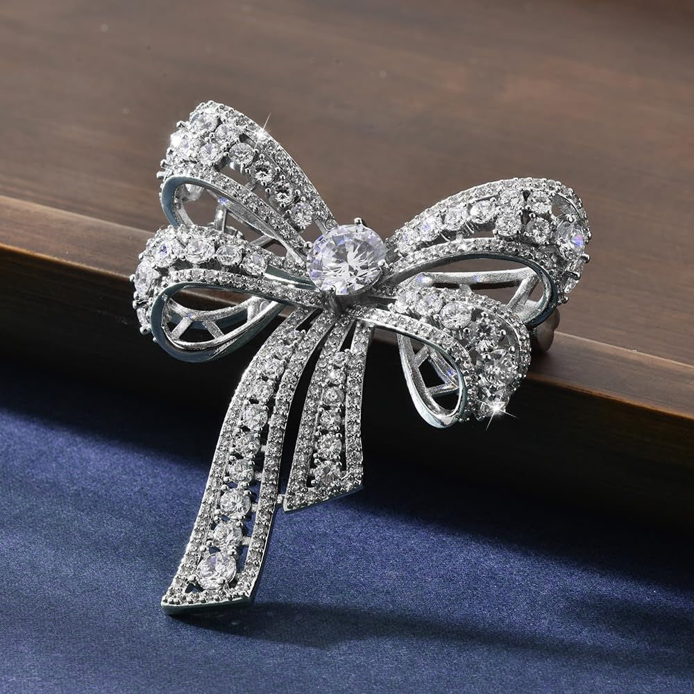 Rhinestone Bow Brooch Pin for Women Shiny CZ Crystal Pearl Dangling Ribbon Bow Knot Lapel Pins Wedding Party Dance Banquet Dress Suit Shirt Scraf Clip for Clothes Accessories Jewelry