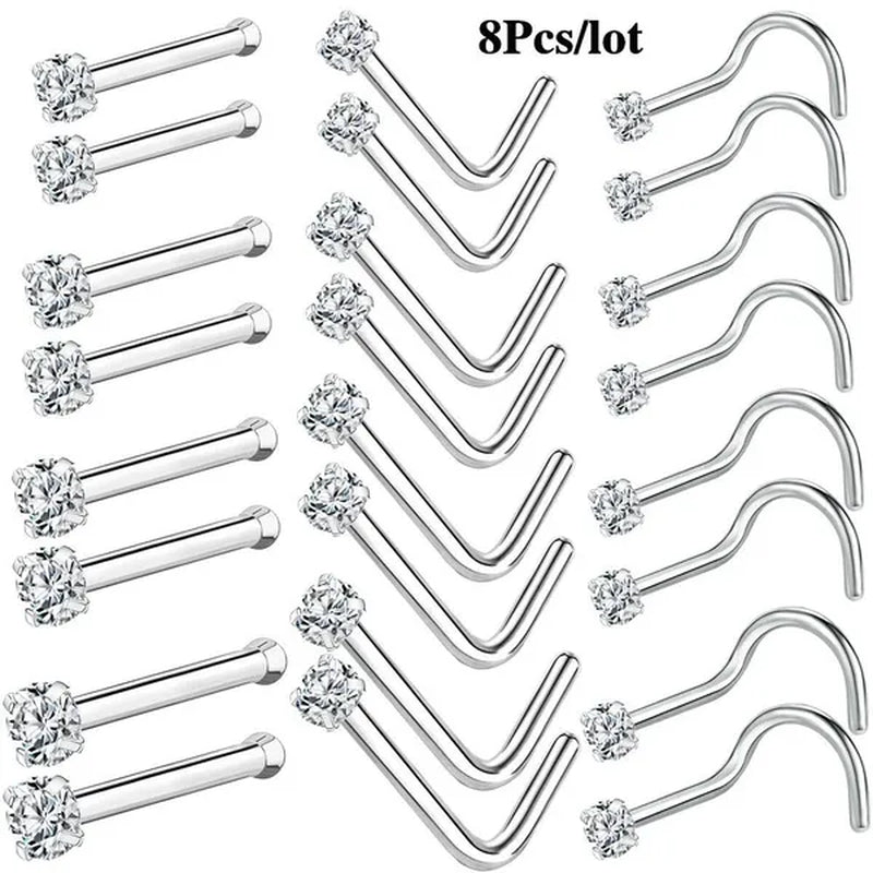 8Pcs 20G/18G 925 Sterling Silver Nose Stud Set Cubic Zircon Nose Piercing L Shaped/Nose Bone/Nose Screws Rings Nostril Piercing Jewelry